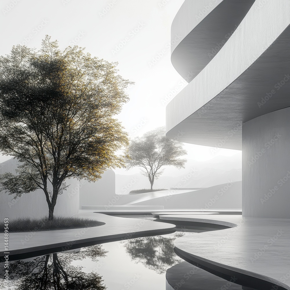 Poster minimalist architecture exterior with water feature reflecting trees under soft daylight