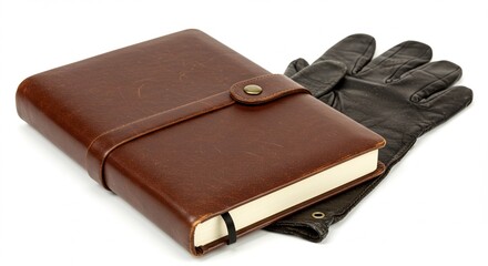 closed leather notebook with worn leather gloves beside, isolated on white background