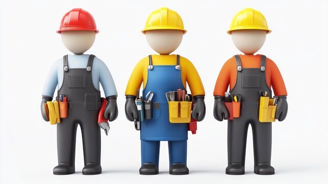 Three Construction Workers in Safety Gear Holding Tools and Wearing Hard Hats for Building and