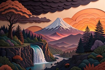 Vibrant paper cut landscape featuring mountains and a waterfall  