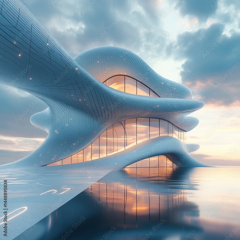 Poster abstract futuristic white building with unique geometric design reflecting on water under dramatic c