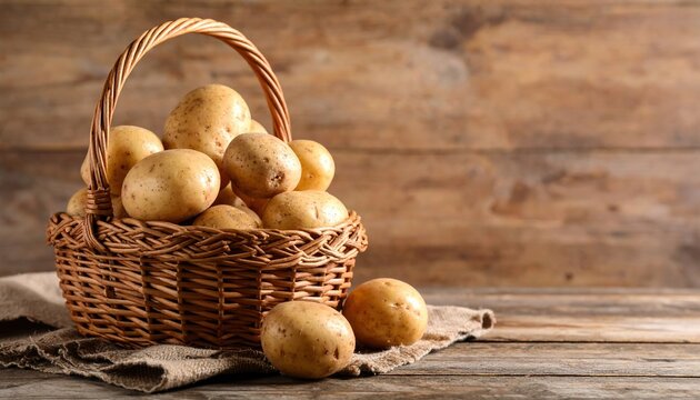 Fresh potatoes in wicker basket on rustic wooden table