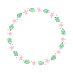 Tropical Plumeria Flower Wreath with Palm Leaves in Cartoon Style