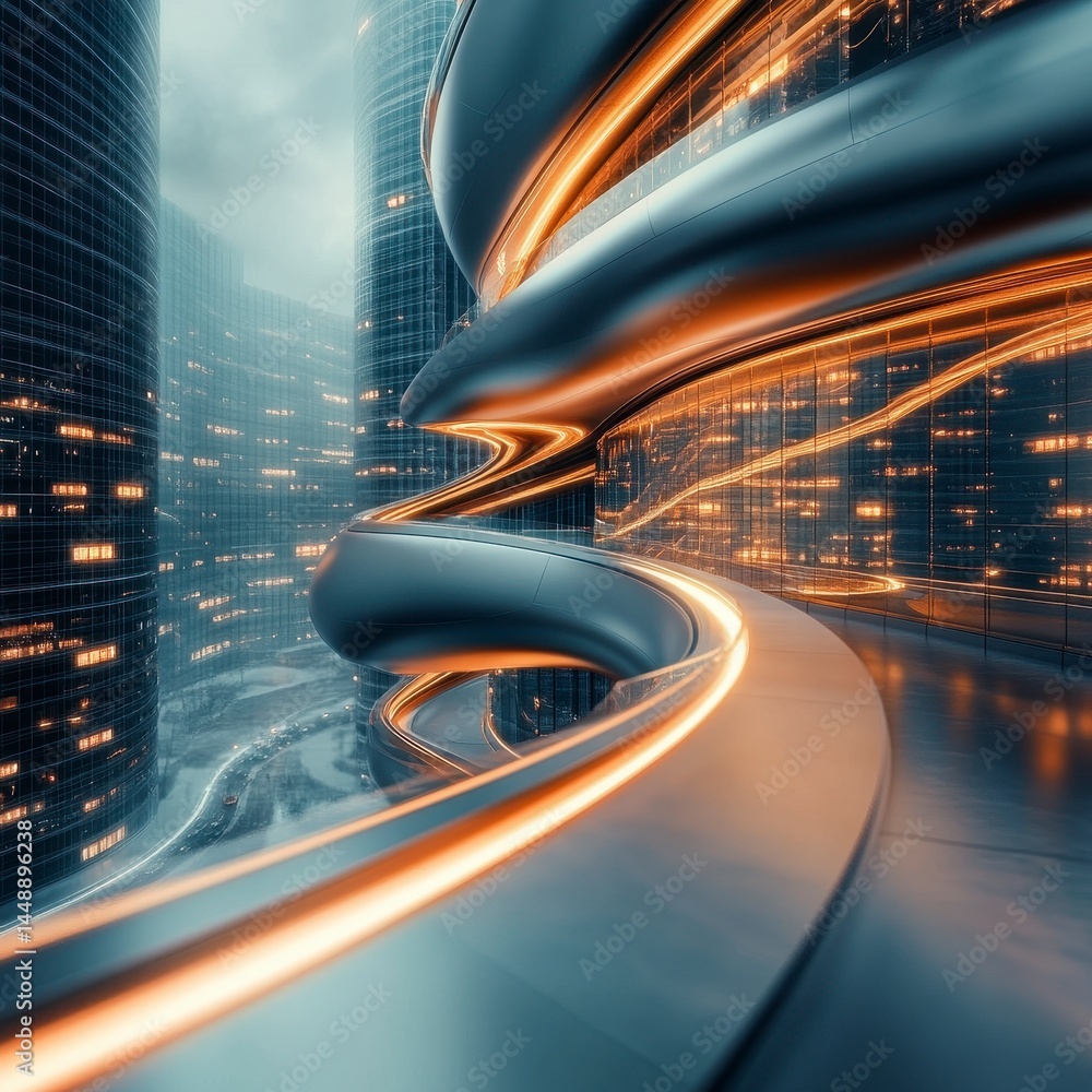 Poster futuristic cityscape with metallic structures and glowing lights abstract urban design of towers and