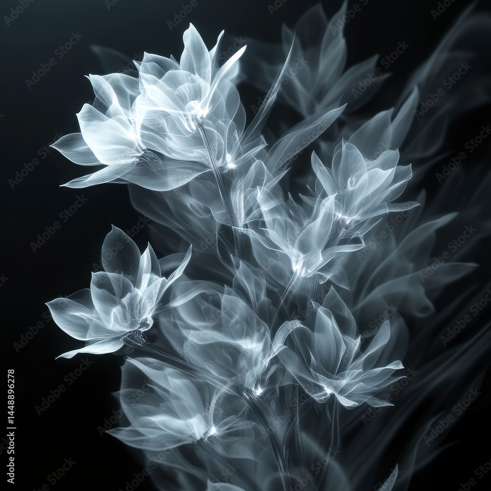 Poster abstract flower design in grayscale tones with a soft dreamy effect on a dark background with petals