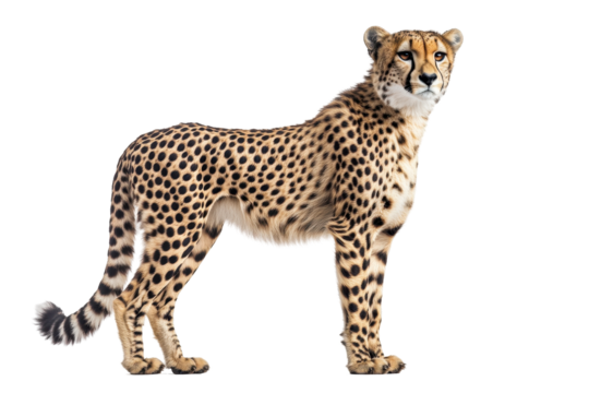 Realistic depiction of a cheetah in a standing position showcasing its unique spots and elegant posture in a neutral setting