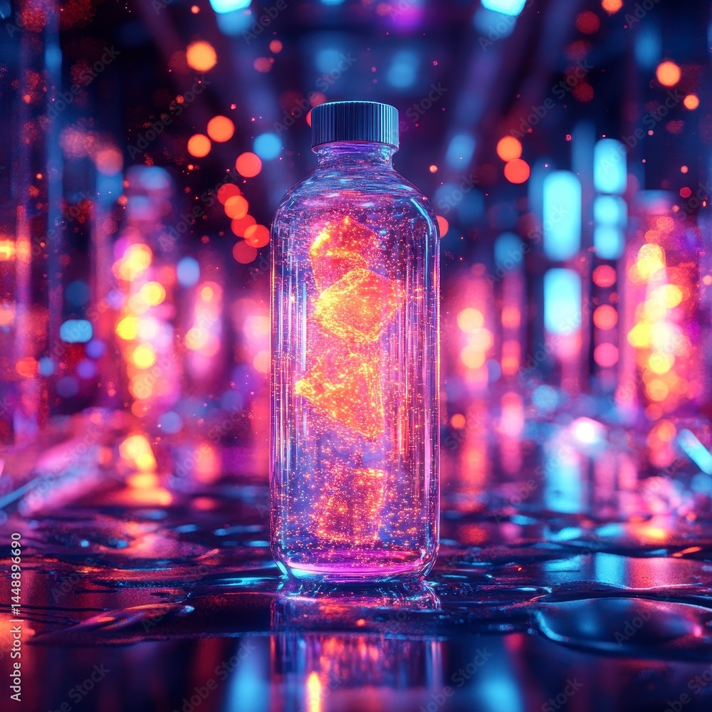 Poster abstract clear water bottle with glowing orange dots reflecting on wet purple surface and blurry bac