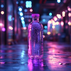 A Water Bottle with Vibrant Purple Liquid on a Wet Urban Surface with Neon Blue and Purple Lights