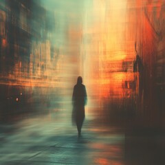 Silhouette of a Person Walking on Wet City Street with Abstract Light Reflections at Night Mysterious and Moody Scene with Orange and Teal Hues