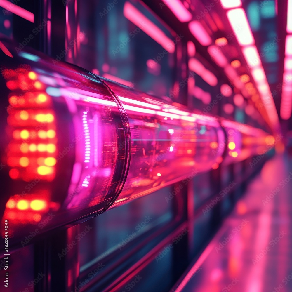 Poster futuristic tunnel with neon lights and metallic structure featuring perspective view and purple and 