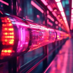 Futuristic Tunnel with Neon Lights and Metallic Structure Featuring Perspective View and Purple and Red Illumination with Modern Architectural Design