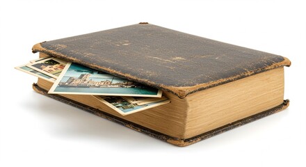 weathered diary with stack of faded postcards, isolated on white background
