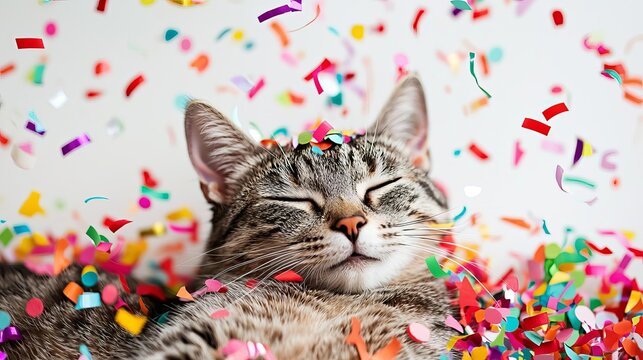 A happy cat surrounded by colorful confetti. Happy birthday funny cat white background - Powered by Adobe