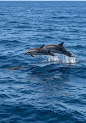 Fototapeta premium Dolphins Leaping: Ocean's Dynamic Duo in Vibrant Blue