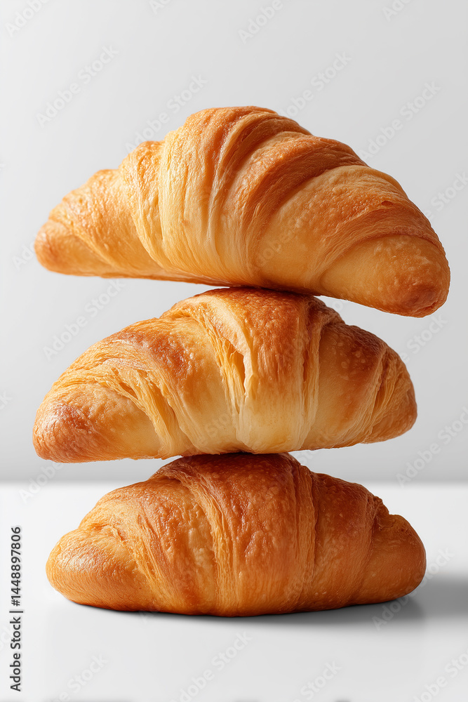 Aufkleber minimalist display of crescent croissants stacked neatly on clean surface. bright, airy setting with