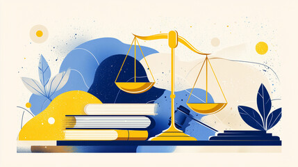 Fototapeta premium Modern flat illustration of golden justice scales with abstract background in blue and yellow color palette