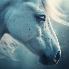 Fototapeta premium Close Up Portrait of a White Horse with Detailed Texture and Dreamy Soft Background in Outdoor Setting