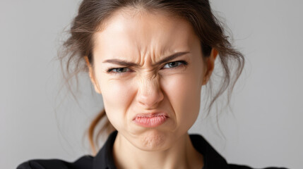 A closeup portrait captures a womans deep frown, furrowed brows, and intense emotions of concern and worry.