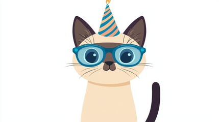 Obraz premium Silly cat wearing glasses and a party hat. Happy birthday funny cat white background