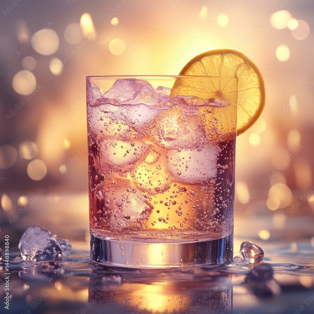 Poster refreshing cocktail glass with ice cubes and lemon slice on glassy surface with bokeh lights backgro