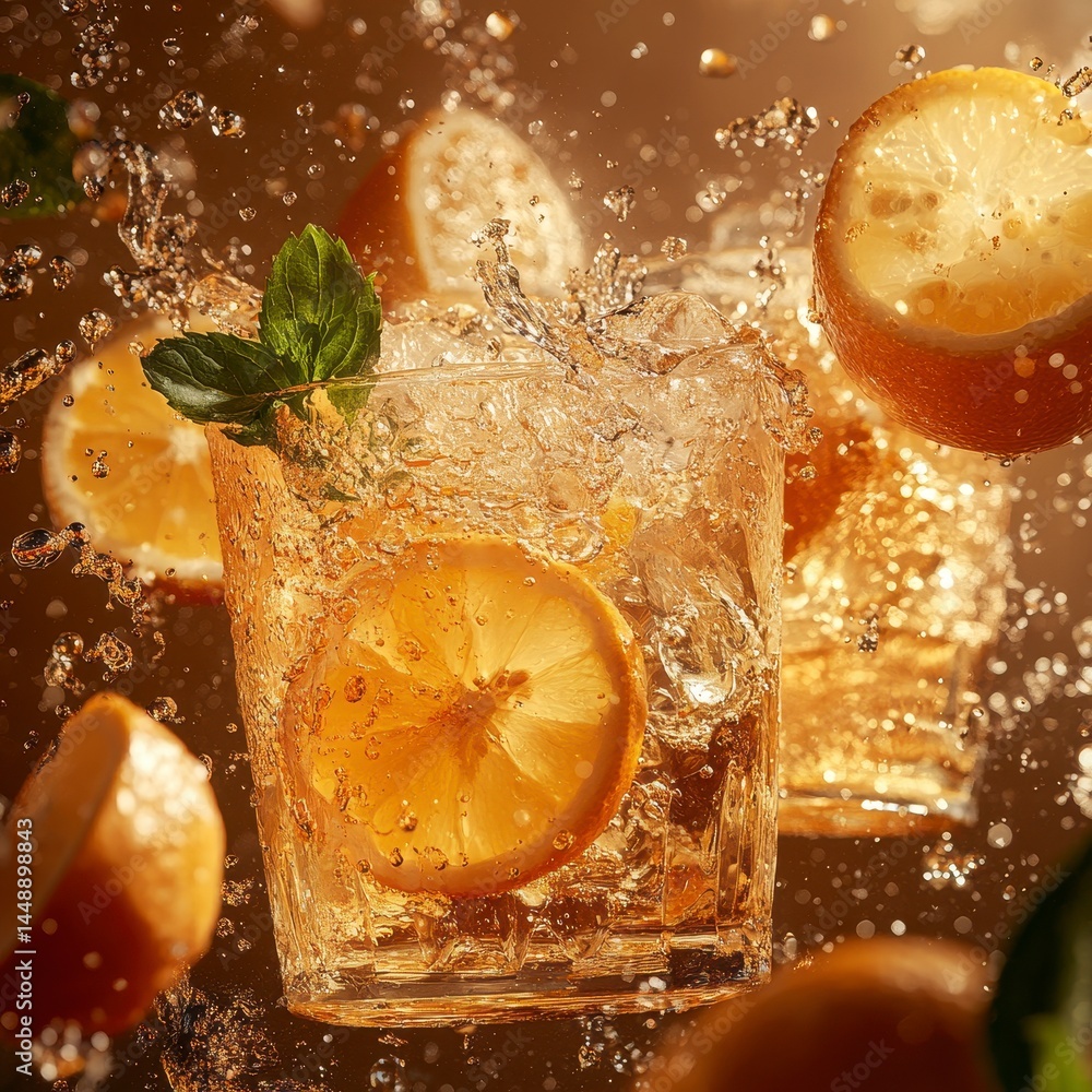 Poster refreshing lemonade with ice cubes and mint leaves with splashing water on a golden background
