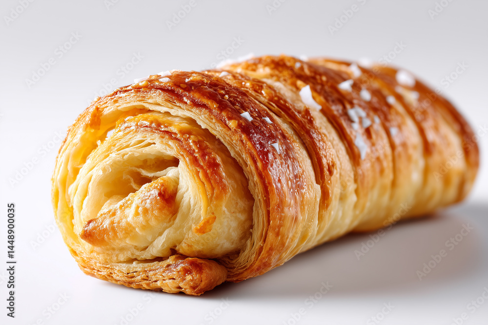 Poster flaky pastry roll lies elegantly on minimal backdrop highlighting golden crust and delicate layers. 