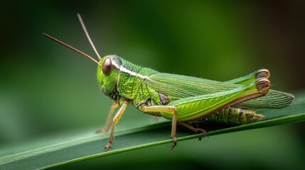 Green Grasshopper on Leaf: Detailed Macro Portrait