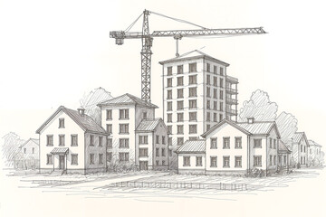 Pencil sketch of residential block with tower crane in suburban zone