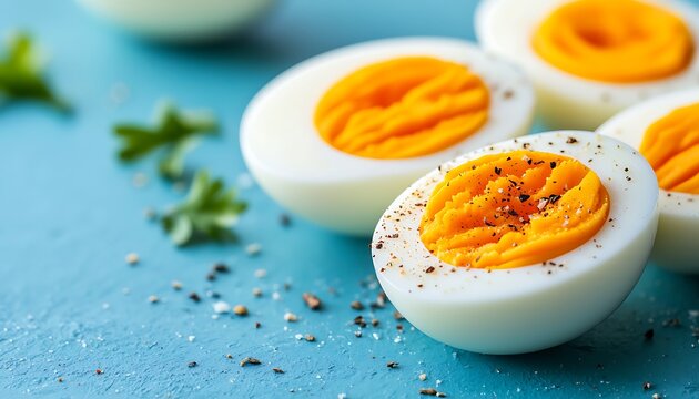 Halved hard-boiled eggs, vibrant yolk, sprinkled with pepper on a teal surface, fresh herbs