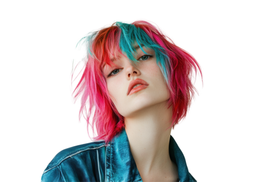 Creative young person with vibrant rainbow hair styled in a carefree manner showcasing unique self-expression and individuality