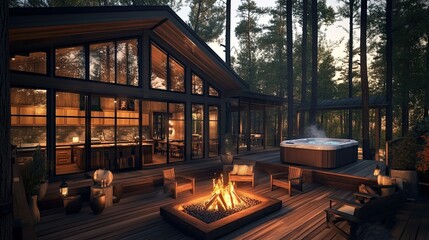 Fototapeta premium Luxury Cabin Retreat: Evening Ambiance by the Fire and Hot Tub