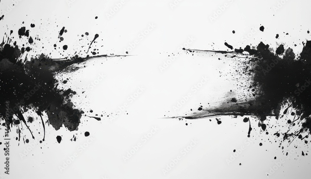 Poster abstract black ink splashes on white background creates a grungy artistic texture design and decorat