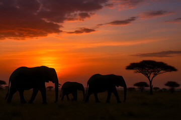 Obraz premium Elephants walking at sunset