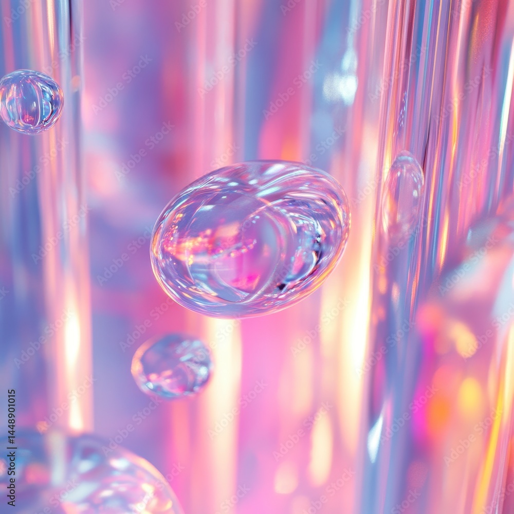 Poster abstract transparent bubbles floating on gradient pink and blue background for modern creative desig