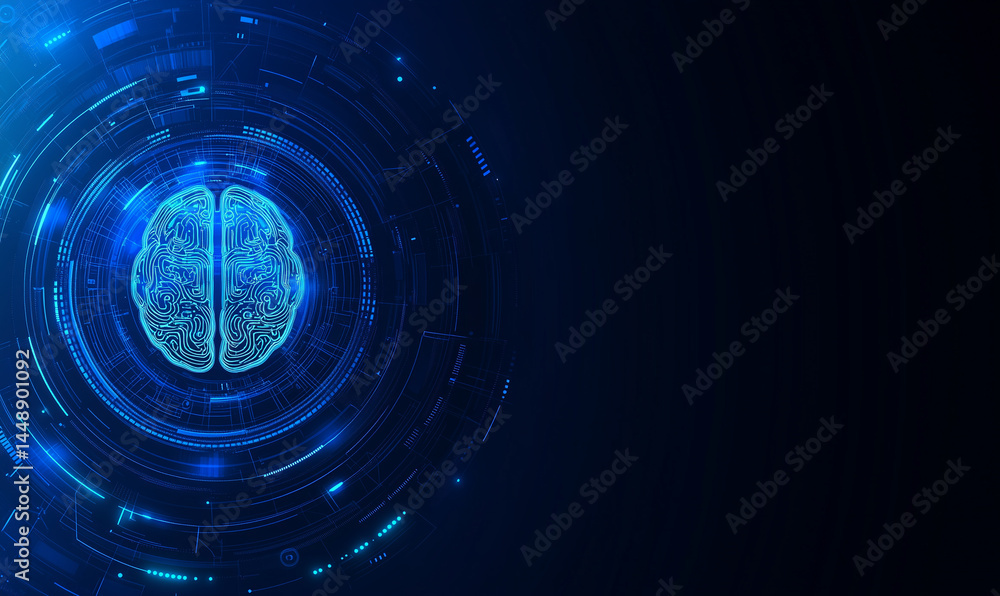 Poster abstract futuristic technology background with blue color, human brain and circuit board elements on