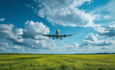 Fototapeta premium Airplane Approaching Over Green Field Under a Sunny Sky with White Clouds for Landing During Daytime