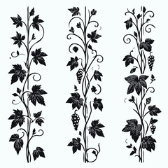 Fototapeta premium Set of silhouettes vine branches leaves. Grapes vineyard, grapevine black and white illustration. Wine labels design, branding Borders hand drawn decorative vines and berries. Elegant botanical motifs