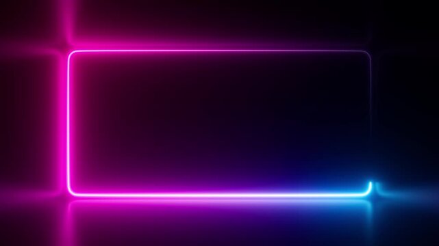Neon frame abstract motion background. Bright colorful border animation with glow effect. Empty blank template with square light beam. Illuminated shiny rectangle. Seamless loop.