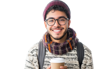 Young man with glasses holding a cup while wearing a sweater and jacket, set on a transparent background, showcasing a casual and stylish look for modern fashion inspiration