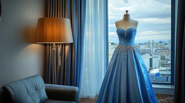 Stunning Blue Wedding Gown Near Window, City View