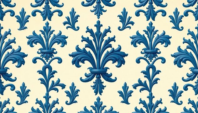 Symmetrical damask pattern with scrolling acanthus leaves and palmette motifs in shades of blue and beige, repeat, beige, fabric