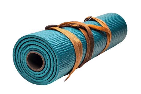 Quality turquoise yoga mat rolled up with brown straps for easy transport, ideal for fitness enthusiasts practicing at home or in a studio environment