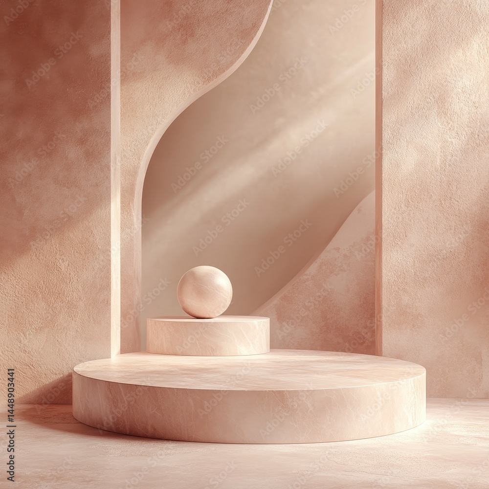 Poster minimalist beige display stage with round sphere on podium against abstract arch backdrop in neutral