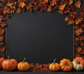 Black chalkboard with painted fall leaves & small, medium, large pumpkins spilling over the edges ,  backdrop,  background