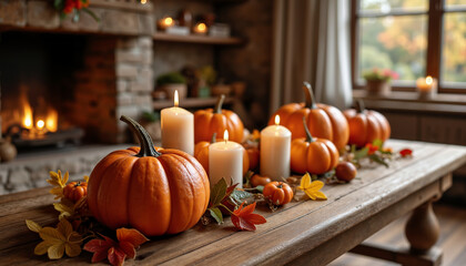Decorative autumn tablescape with pumpkins and candles in a cozy indoor setting