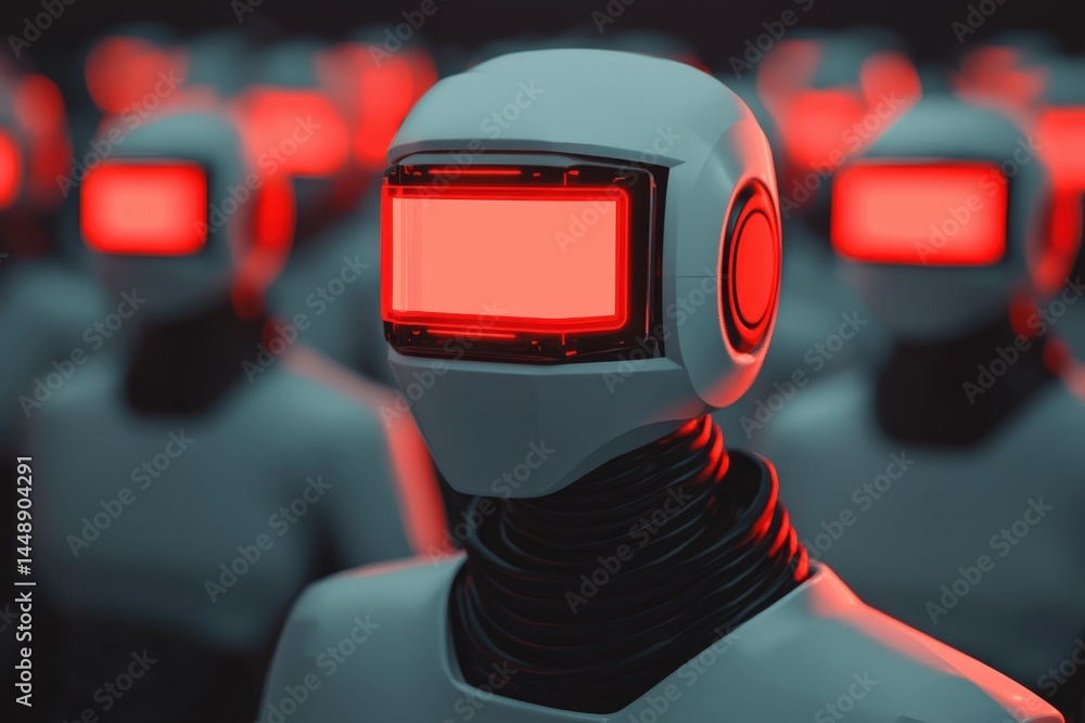 Poster multiple futuristic robots with glowing red visors stand together in a dark, uniform setting.