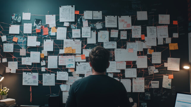 A person studies a wall covered with notes, strings, and documents, analyzing connections in a dimly lit workspace.