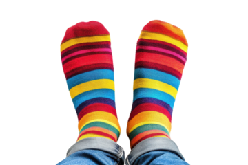 Colorful striped socks worn on casual feet with rolled-up jeans, showcasing a playful and vibrant style suitable for everyday wear