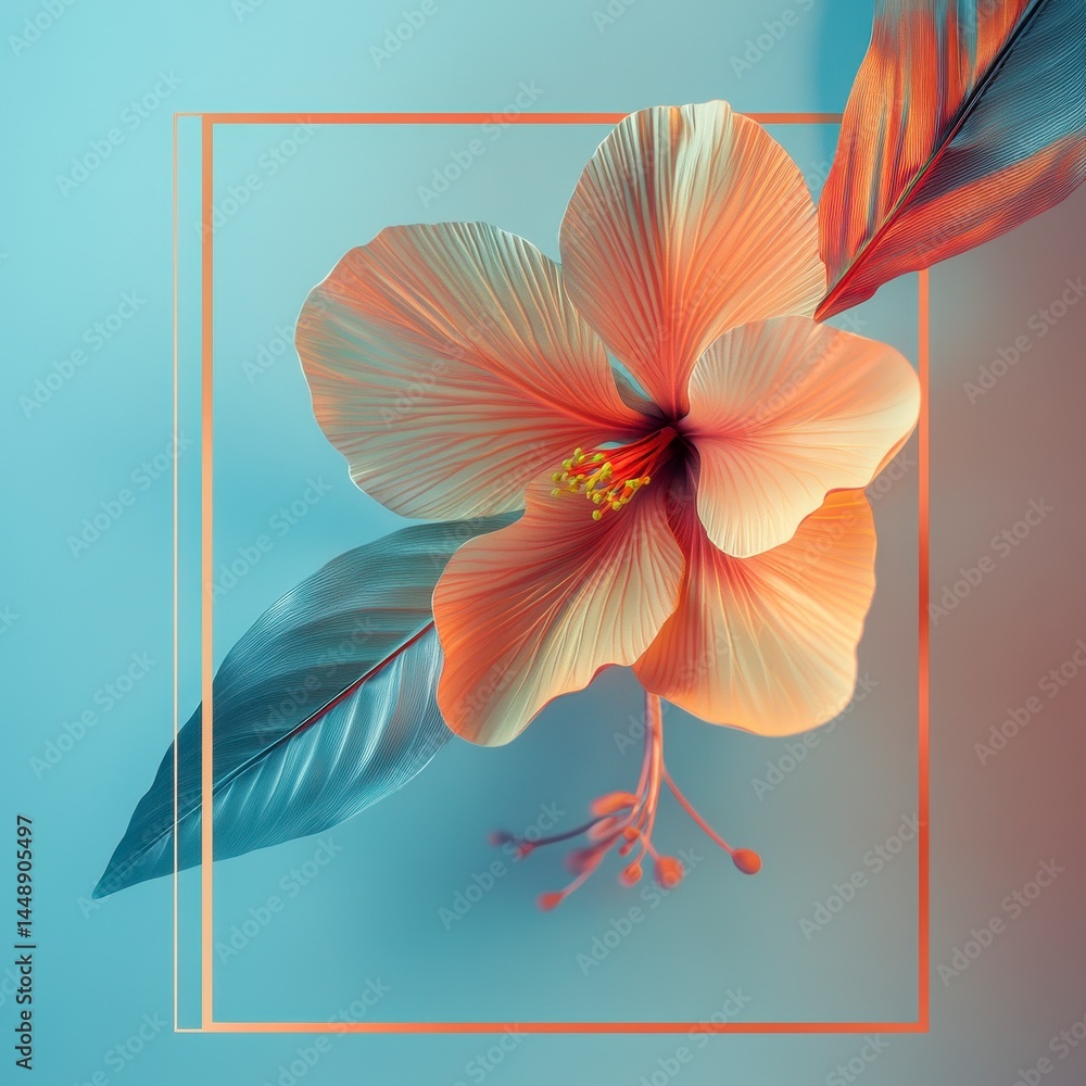 Aufkleber abstract orange hibiscus flower with geometric frame and pixelated leaves on a gradient background