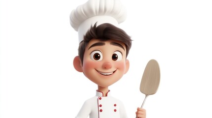 Naklejka premium Chef in Action A Cheerful Cook Holding a Spoon Wearing a Traditional Chefs Hat and Uniform
